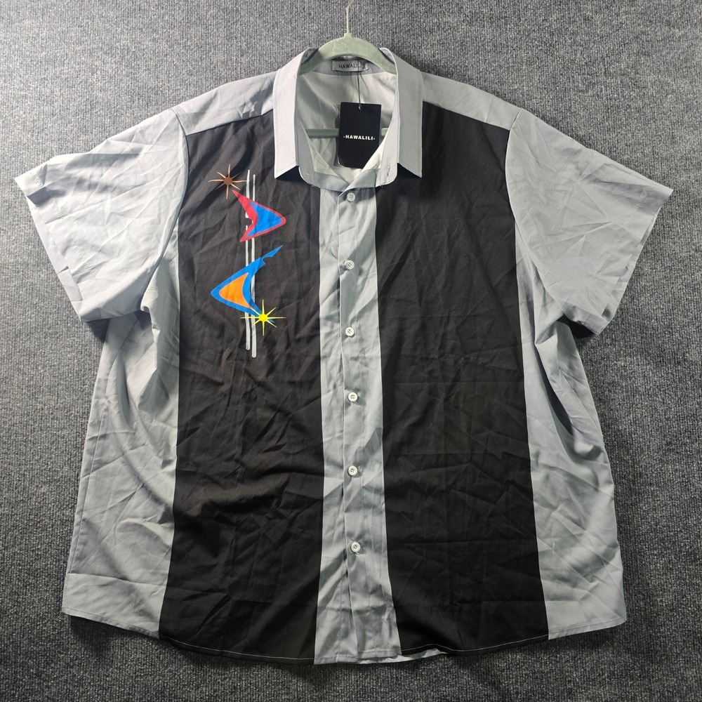 NWT Atomic Hawalili Mens 3XL Short Sleeve Button Down Shirt Grey Black Retro
